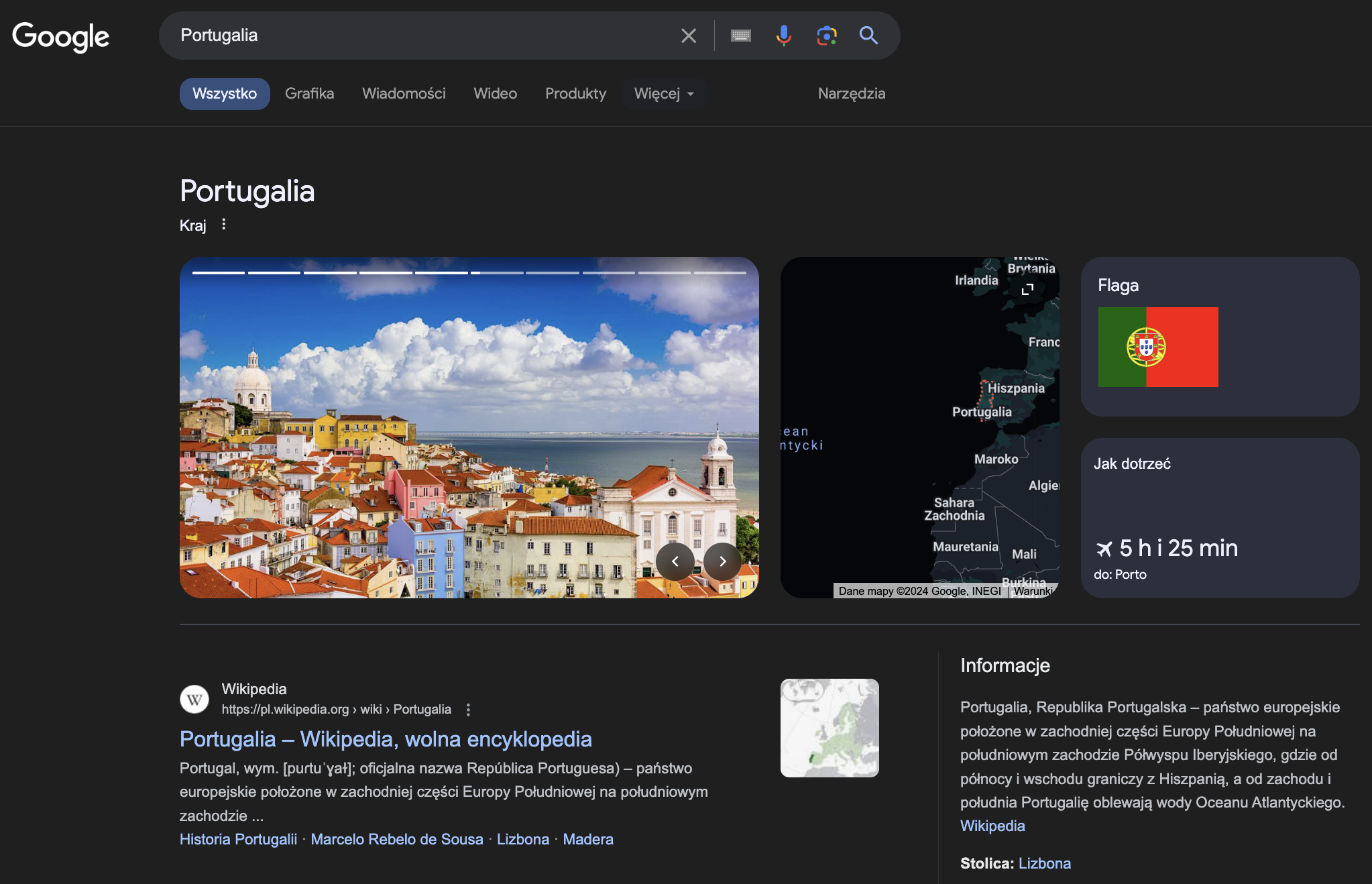 Screen wyników wyszukiwania na słowo kluczowe Portugalia