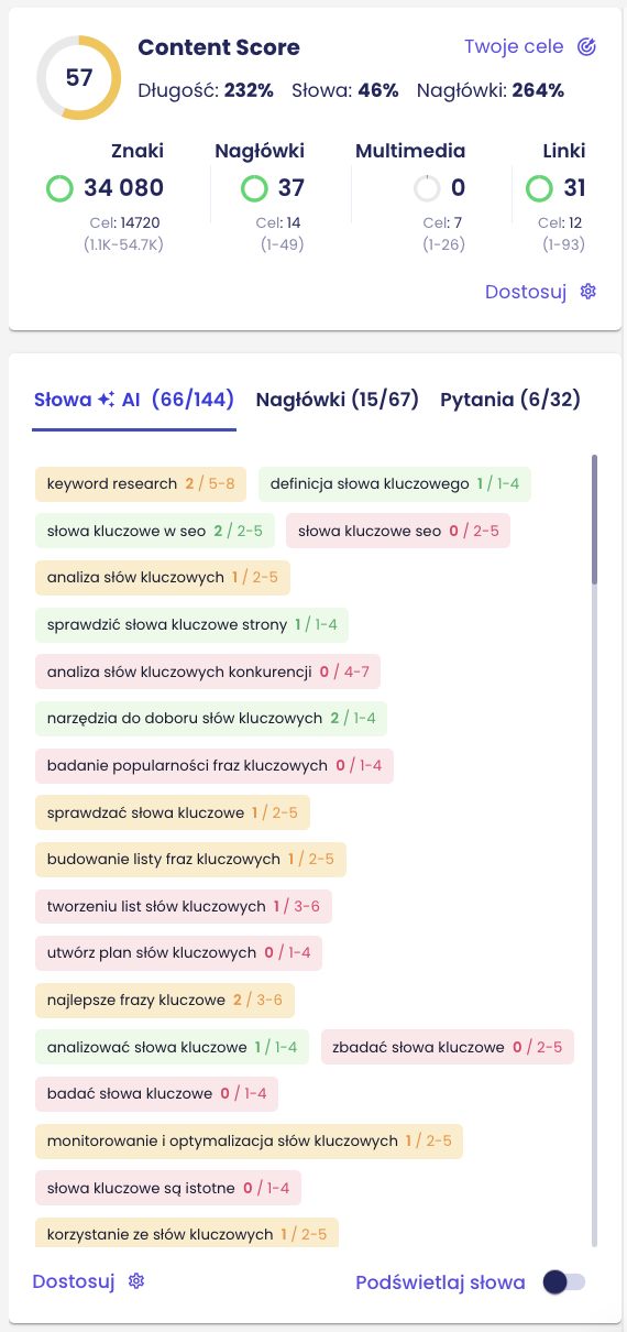 screen sekcji Sugestie słów w Content Writerze Senuto