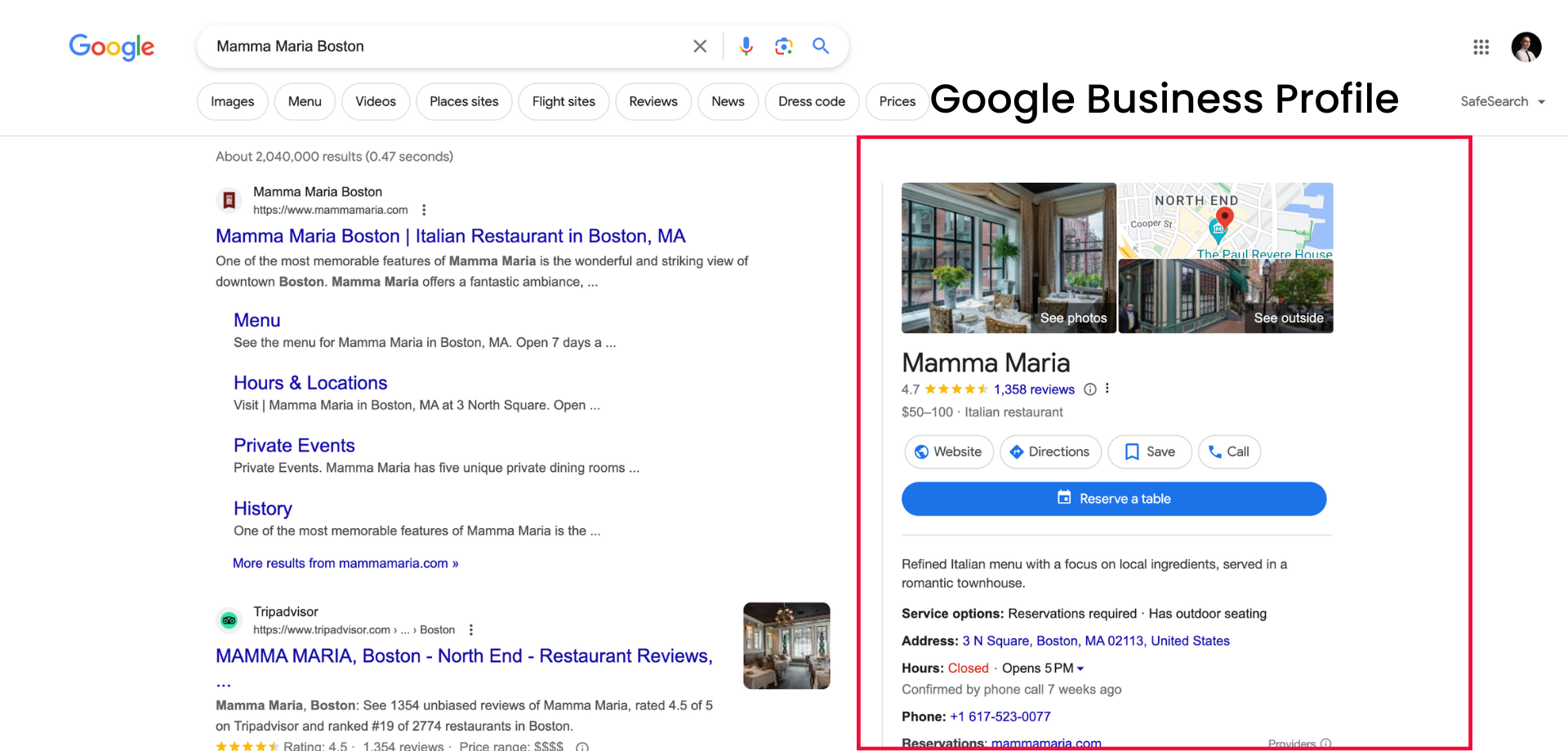 Google for Bussines for SEO for restaurants screen