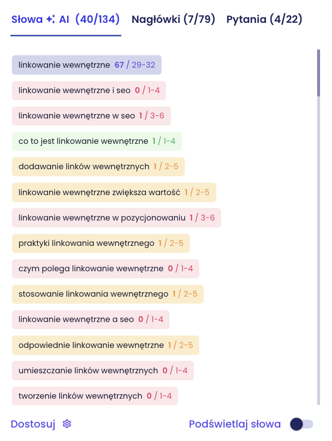 słowa kluczowe w copywritingu | screen z Writera AI Senuto