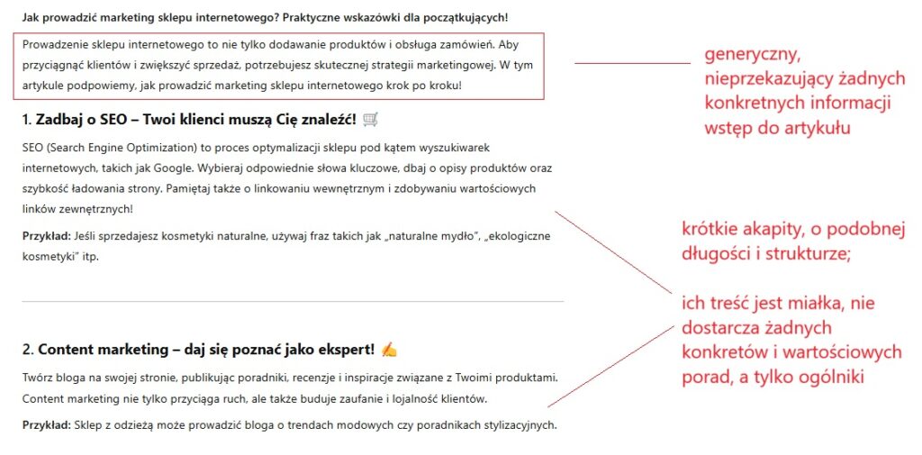 tekst wygenerowany przez GPT z komentarzem